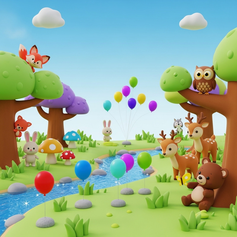 Colorful 3D Forest with Animals and Balloons Colorful 3D Forest with Animals and Balloons