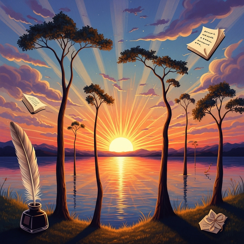 Enigmatic Sunset Landscape at Peaceful Lake with Surreal Elements Enigmatic Sunset Landscape at Peaceful Lake with Surreal Elements