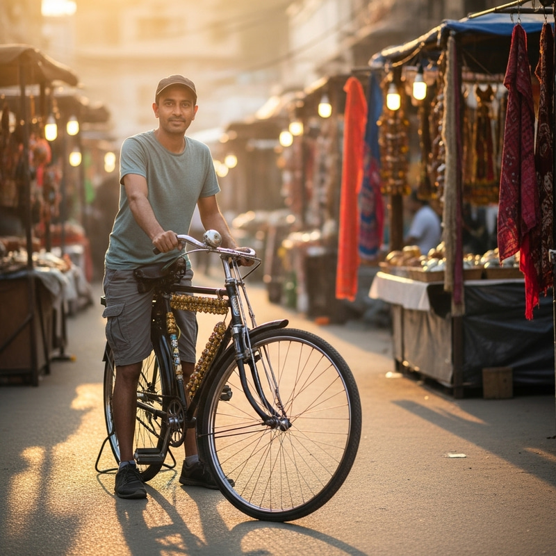 Indian Man Cycling through Urban Streets