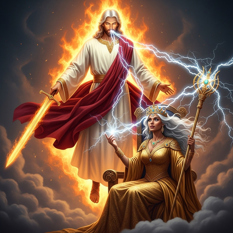 Arabic Jesus in Glowing Fire Overseeing Queen on Throne Arabic Jesus in Glowing Fire Overseeing Queen on Throne