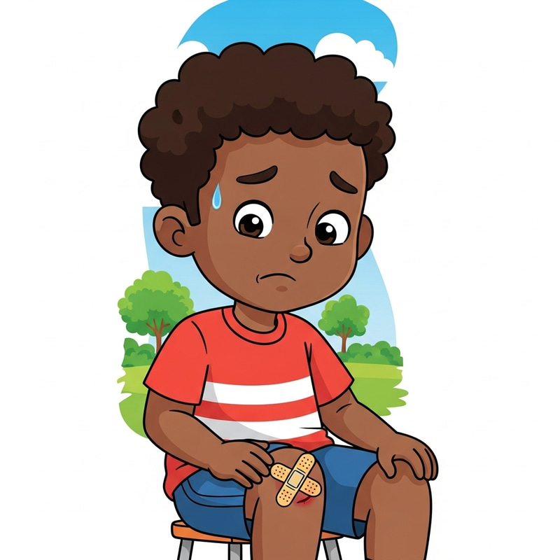 Resilient Cartoon Kid with Scraped Knee: Emotional Portrait Resilient Cartoon Kid with Scraped Knee: Emotional Portrait
