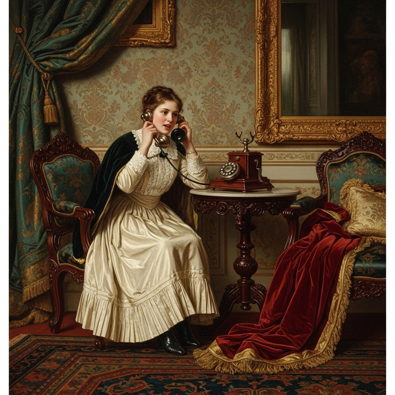 Victorian Era Elegance: Girl with Oil Phone Painting Victorian Era Elegance: Girl with Oil Phone Painting