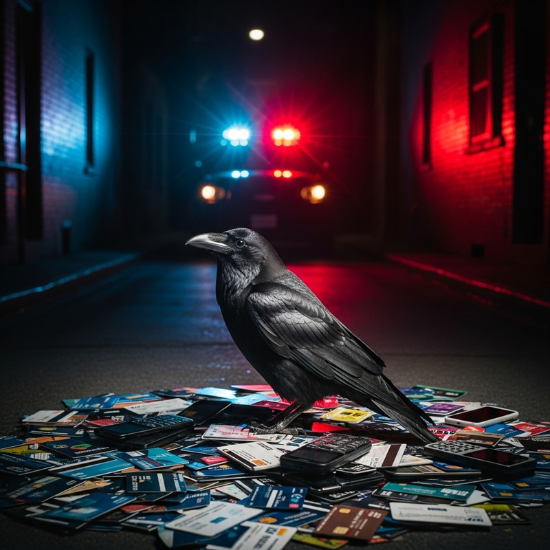 Intriguing Raven on Bank Cards in Film Noir Setting Intriguing Raven on Bank Cards in Film Noir Setting