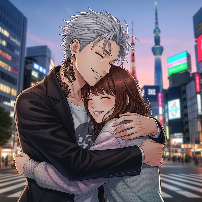 Mitsuya Takashi Lookalike Embracing Chestnut-Haired Girl in Urban Tokyo