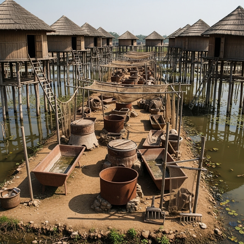 Eerie Rural Scene: Round Houses on Stilts and Dry Nets Eerie Rural Scene: Round Houses on Stilts and Dry Nets