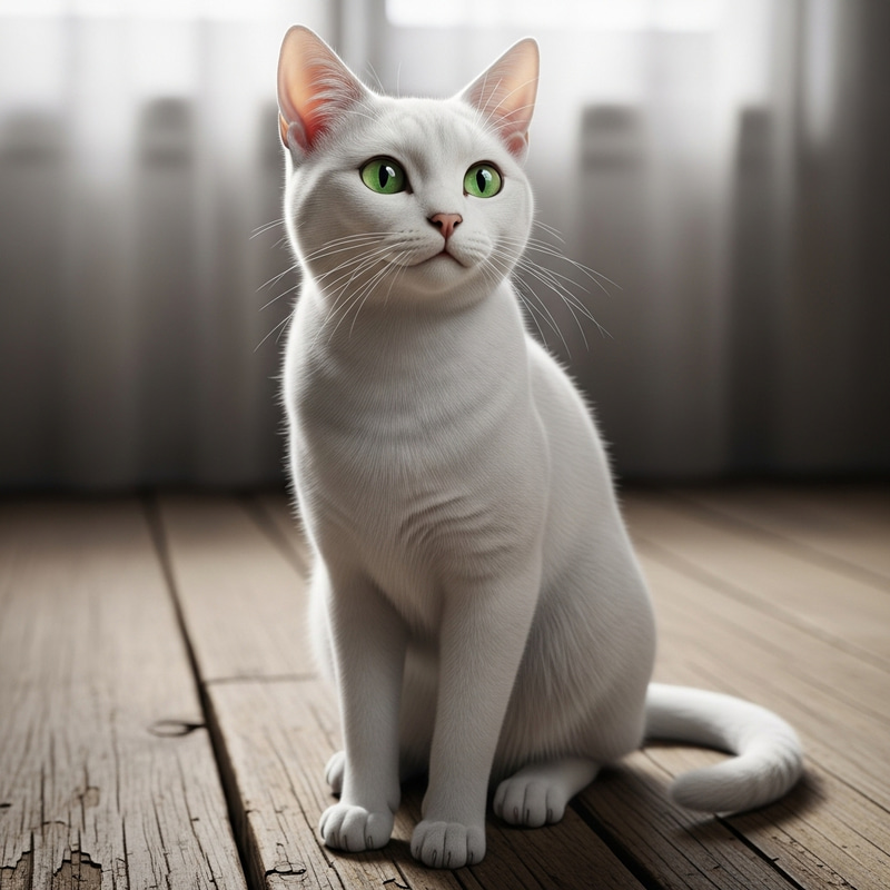White Cat with Stunning Green Eyes on Wood Floor White Cat with Stunning Green Eyes on Wood Floor