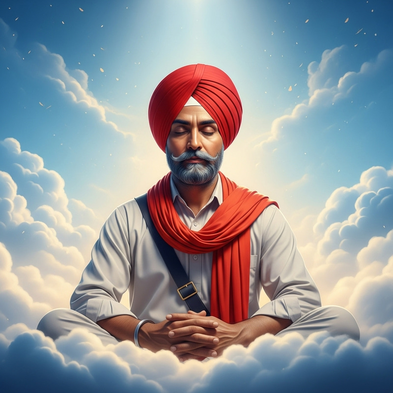 Middle-aged Sikh Man in Red Turban: Tranquil Meditation in Heavenly Ambiance Middle-aged Sikh Man in Red Turban: Tranquil Meditation in Heavenly Ambiance
