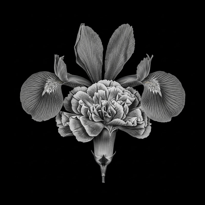 Detailed Monochrome Flower Chimera Photo | Iris, Carnation, Rose | HDR Effect, Botanical Photography Detailed Monochrome Flower Chimera Photo | Iris, Carnation, Rose | HDR Effect, Botanical Photography