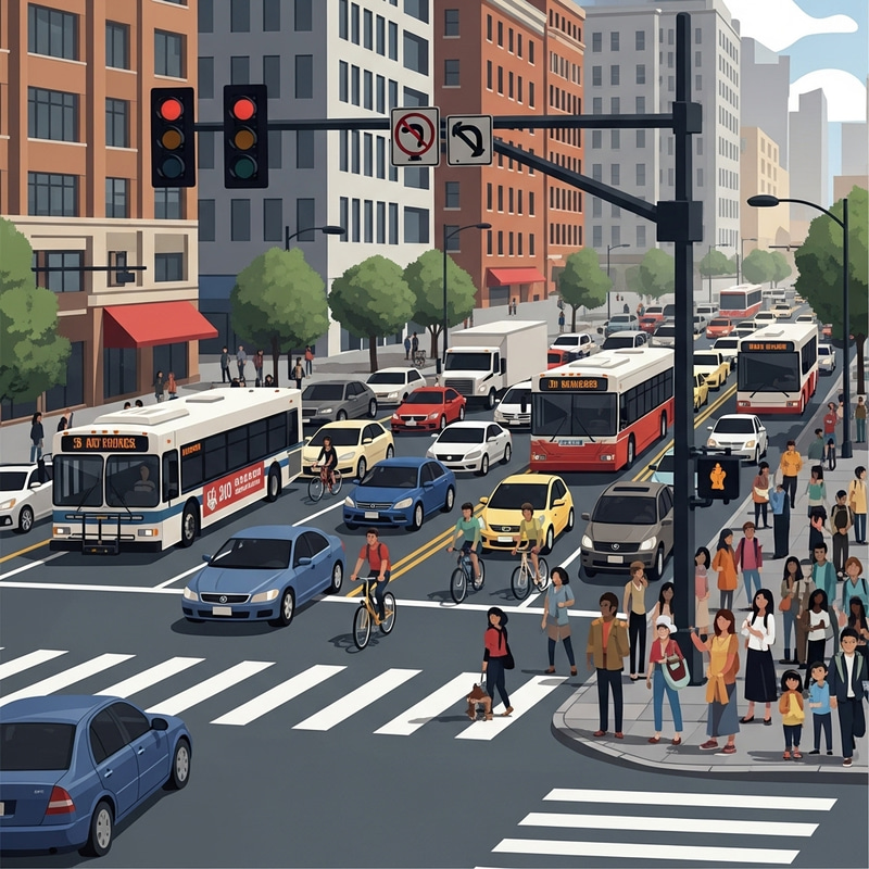 Busy Urban Intersection: Cars, Buses, and Pedestrians Busy Urban Intersection: Cars, Buses, and Pedestrians