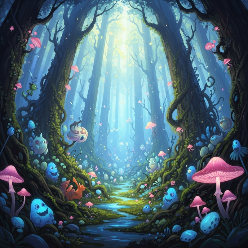 Whimsical Forest of Luminous Mushrooms and Enchanting Creatures Whimsical Forest of Luminous Mushrooms and Enchanting Creatures