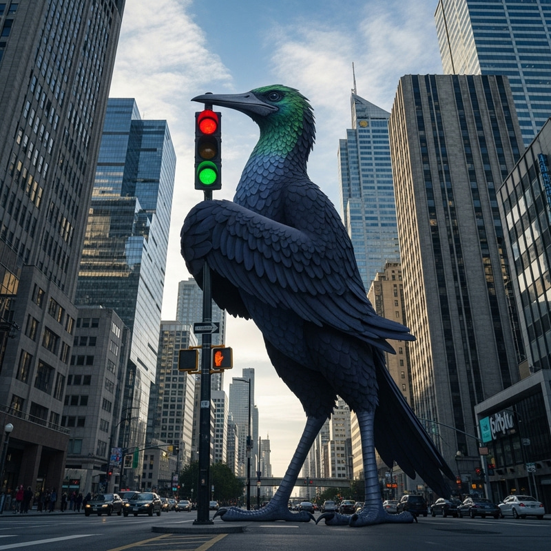 Farfetch'd Bird in Cityscape with Vertical Traffic Signal
