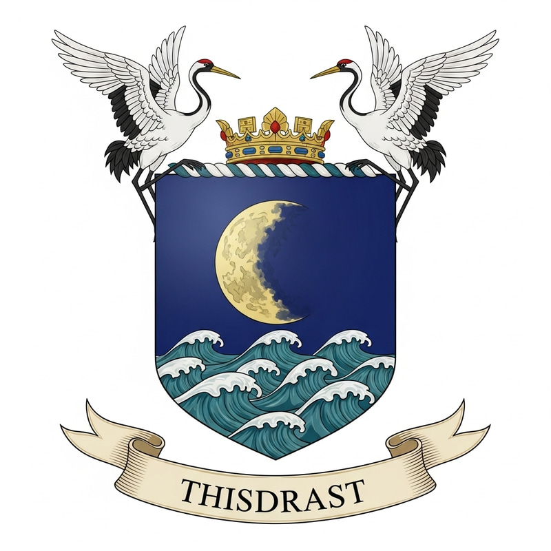 Majestic Coat of Arms Featuring Crane Birds and Serene Moonlit Sea Majestic Coat of Arms Featuring Crane Birds and Serene Moonlit Sea