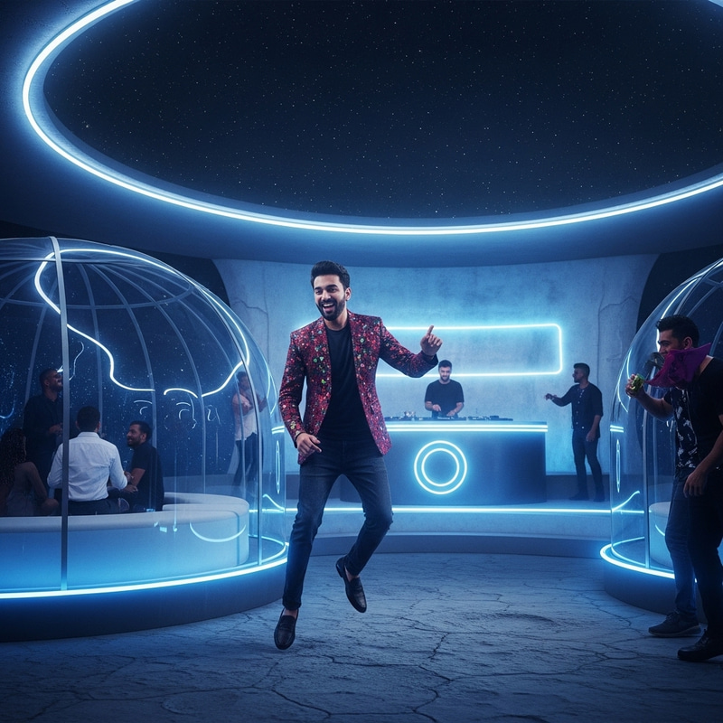 Man Partying on Moon in Futuristic Galactic Club Man Partying on Moon in Futuristic Galactic Club
