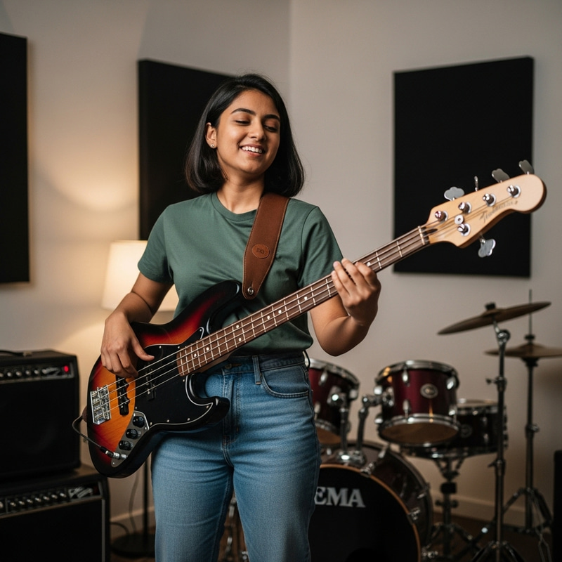 Young Woman Playing Bass Guitar | Musical Joy Young Woman Playing Bass Guitar | Musical Joy