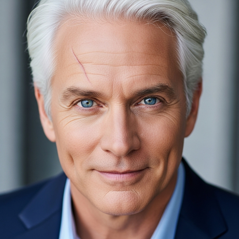 Man with White Hair, Blue Eyes, Dimples, and Scar