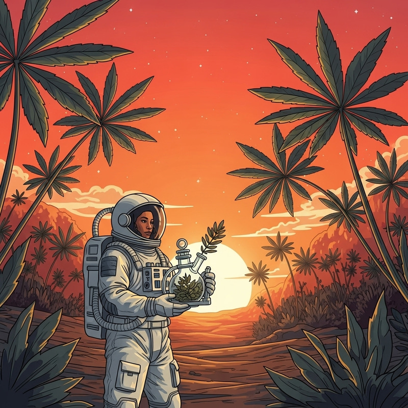 Space Explorer with Cannabis Plants and Bong during Sunset Space Explorer with Cannabis Plants and Bong during Sunset