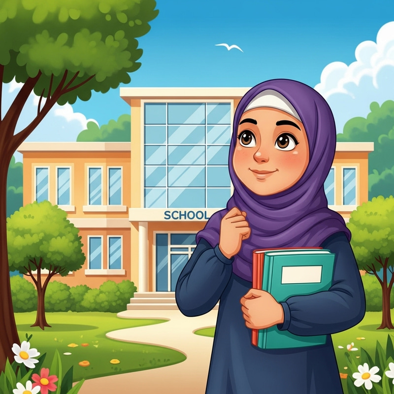 Veiled Girl in Front of School Veiled Girl in Front of School