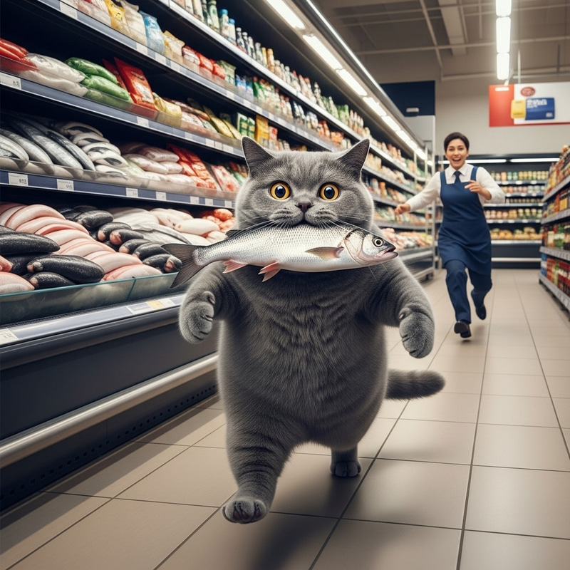 Grey British Cat Caught Stealing Fresh Fish in Supermarket