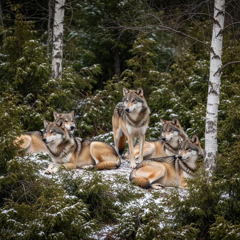 Stunning Wolves Resting in Autumn Snow