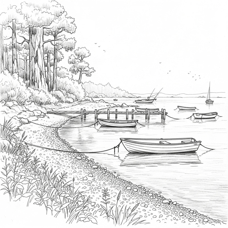 Tranquil Fishing Shore: Serene Scene in Pencil Sketch
