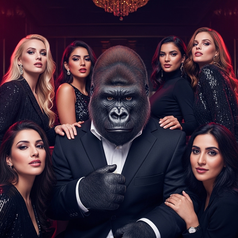 Elegant Gorilla in Bespoke Suit Amid Diverse Glamorous Women in Opulent Club