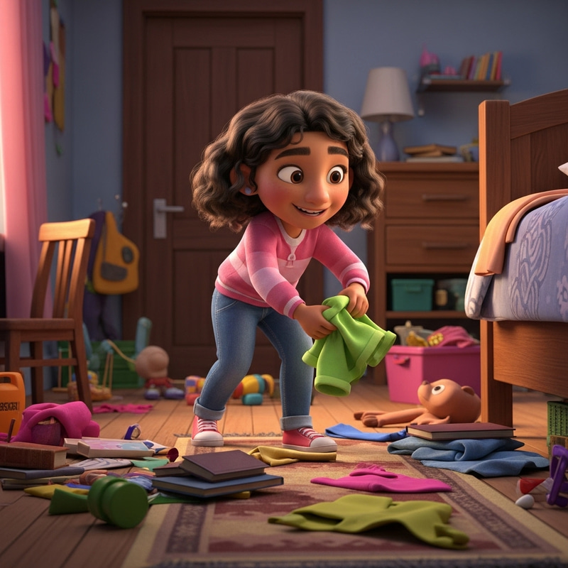 Happy Young Hispanic Girl Tidies Messy Room in Vibrant Pixar Animation Happy Young Hispanic Girl Tidies Messy Room in Vibrant Pixar Animation