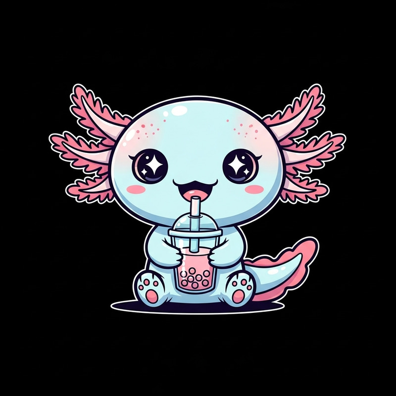 Cute Kawaii Axolotl Illustration with Bubble Tea in Baby Blue and Pink Cute Kawaii Axolotl Illustration with Bubble Tea in Baby Blue and Pink