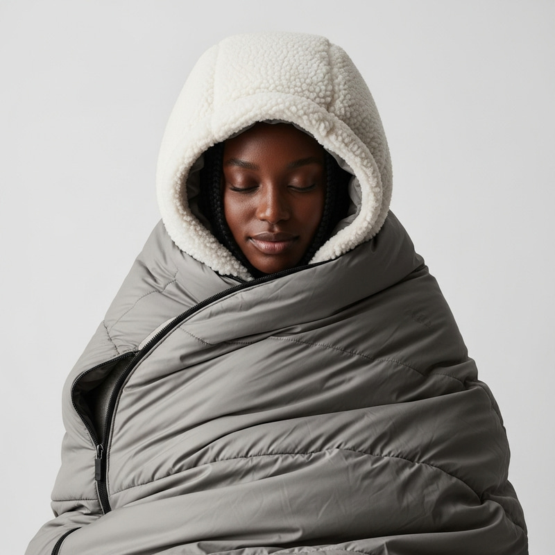 Cozy Hooded Black Woman in Plush Sherpa Sleeping Bag Cozy Hooded Black Woman in Plush Sherpa Sleeping Bag