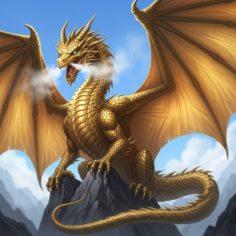 Golden Dragon - Enormous Mythical Creature Atop Craggy Mountain Golden Dragon - Enormous Mythical Creature Atop Craggy Mountain