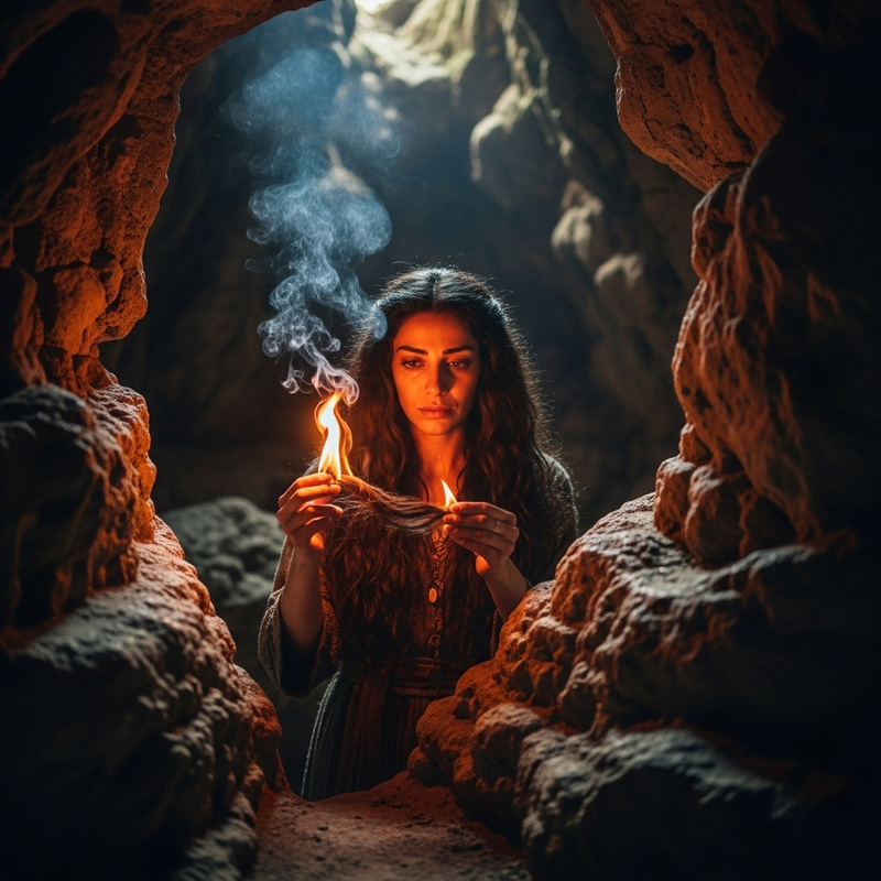 Middle-Eastern Woman Burning Hair in Cave - Powerful Image Middle-Eastern Woman Burning Hair in Cave - Powerful Image