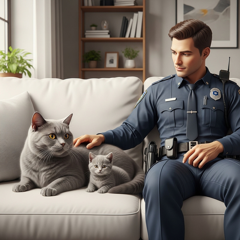 Beautiful Gray Cat and Kitten Relaxing on White Sofa in Cozy Living Room with Policeman Beautiful Gray Cat and Kitten Relaxing on White Sofa in Cozy Living Room with Policeman