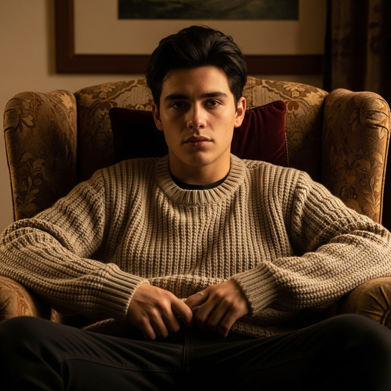 Youthful Man in Cozy Sweater on Luxurious Armchair Youthful Man in Cozy Sweater on Luxurious Armchair