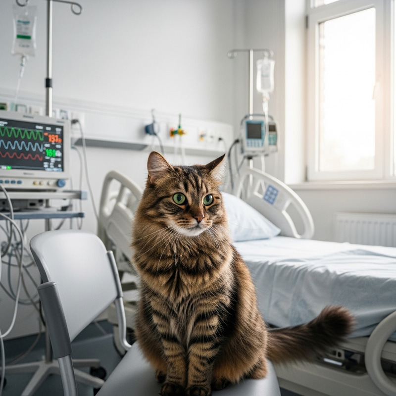 Tranquil Brown Cat in Hospital Room - Peaceful Scene Tranquil Brown Cat in Hospital Room - Peaceful Scene