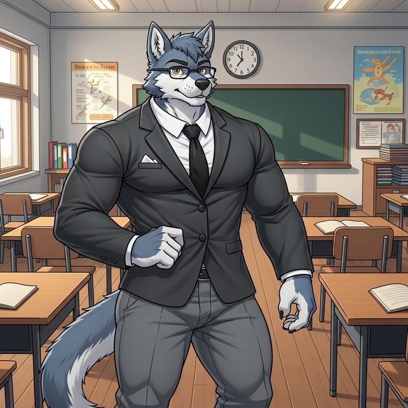 Sophisticated Wolf Character in Gray Suit with Glasses in Classroom Setting Sophisticated Wolf Character in Gray Suit with Glasses in Classroom Setting