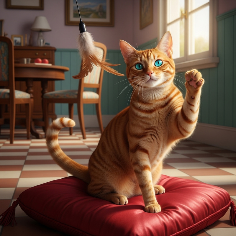 Orange Cat with Turquoise Eyes on Red Cushion Orange Cat with Turquoise Eyes on Red Cushion