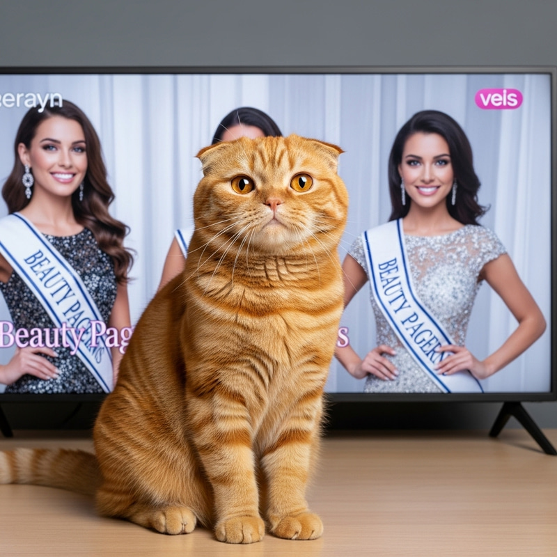 Realistic Scottish Fold Cat Watching Beauty Pageant on TV