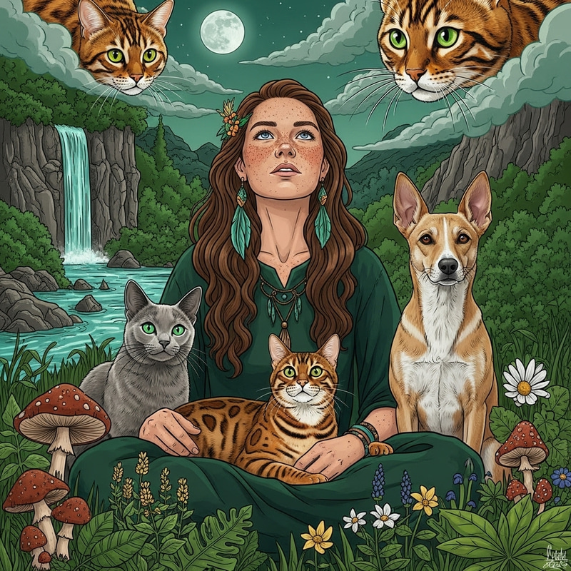 Golden Bengal Cat and Shaman Woman with Green Tones in Enchanted Setting