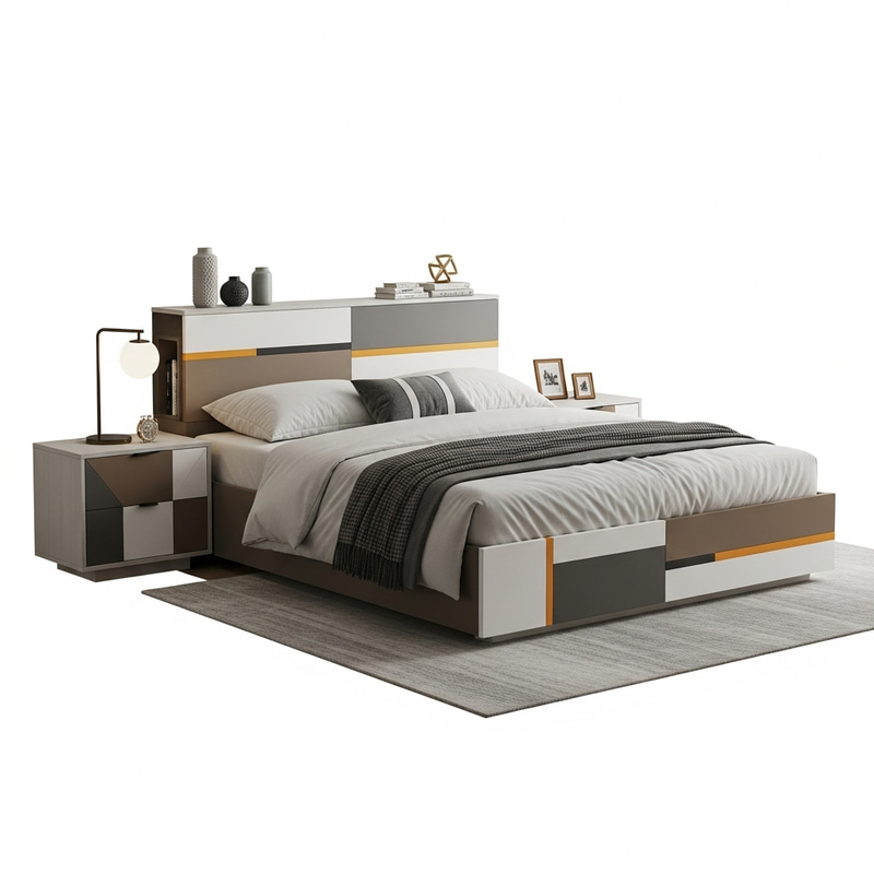 Sleek Modern Queen Bed with Headboard & Side Tables | Earth Tones Sleek Modern Queen Bed with Headboard & Side Tables | Earth Tones