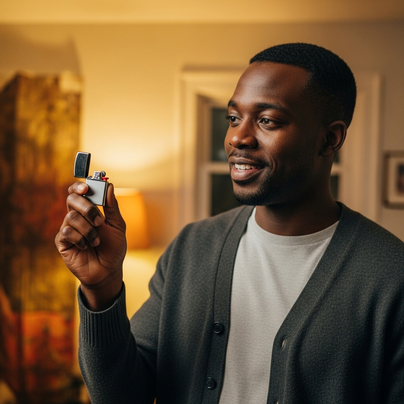Black Man Admiring Lighter in Warmly Lit Room Black Man Admiring Lighter in Warmly Lit Room