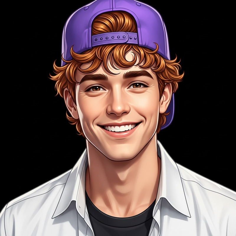 Smiling Male AI with Ginger Curly Hair & Purple Snapback