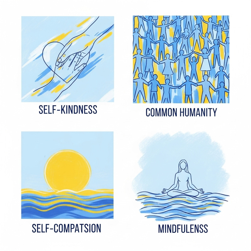 Illustrating Self-Compassion: Kindness, Humanity, Mindfulness in Light Blue Illustrating Self-Compassion: Kindness, Humanity, Mindfulness in Light Blue