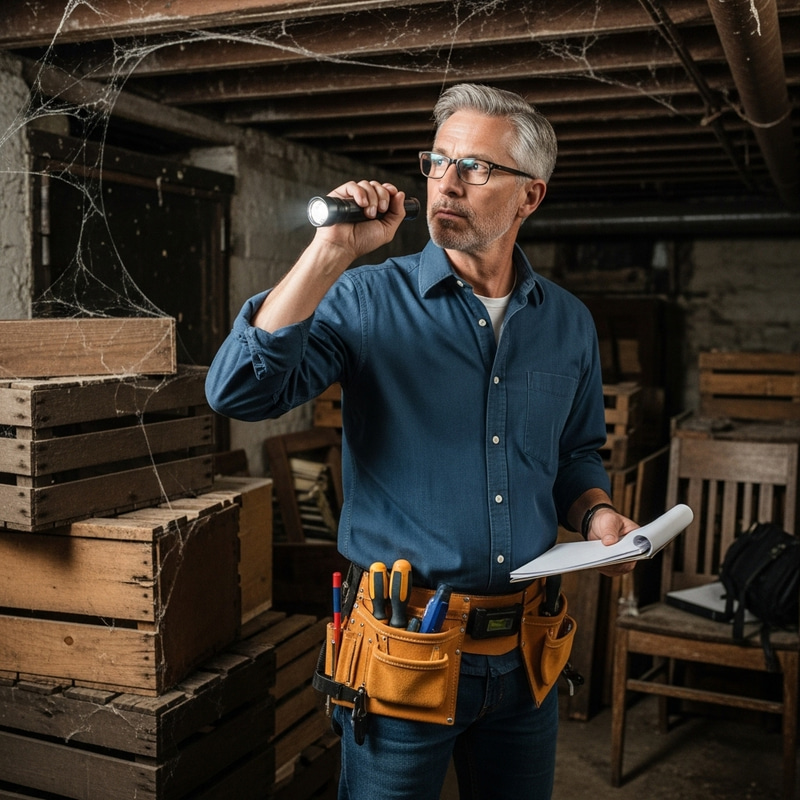 Experienced Home Inspector Examining Old House Basement Experienced Home Inspector Examining Old House Basement