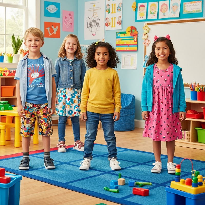 Bright Preschool Classroom with Happy Kids Bright Preschool Classroom with Happy Kids
