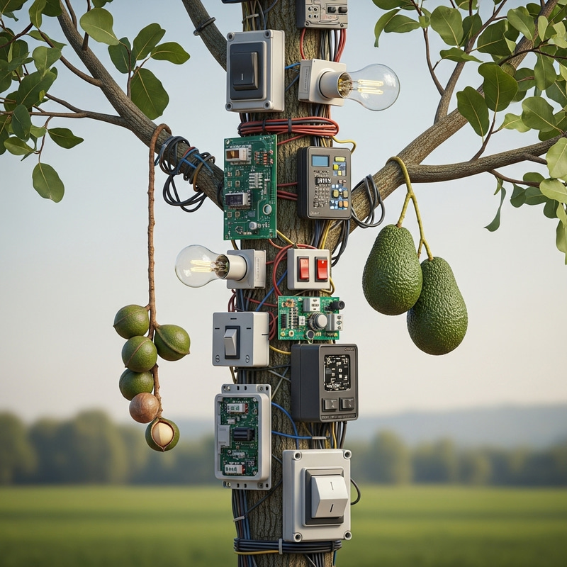 Tree Stem with Electrical Equipment and Macadamia Nuts & Avocados Tree Stem with Electrical Equipment and Macadamia Nuts & Avocados