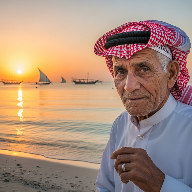 Senior Man in Gulf Attire with Sea Background
