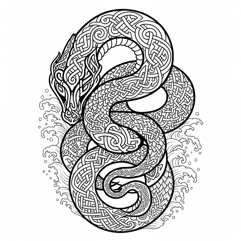 Intricate Jörmungandr Viking Tattoo Design with Ocean Theme Intricate Jörmungandr Viking Tattoo Design with Ocean Theme