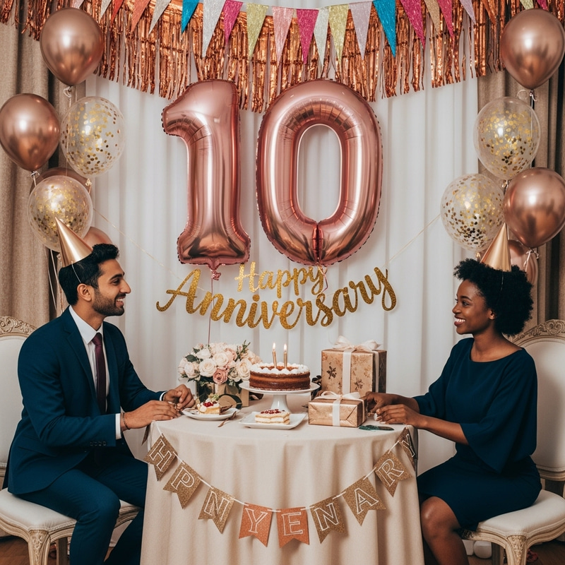 Tenth Anniversary Celebration: Balloons, Cake, and Love