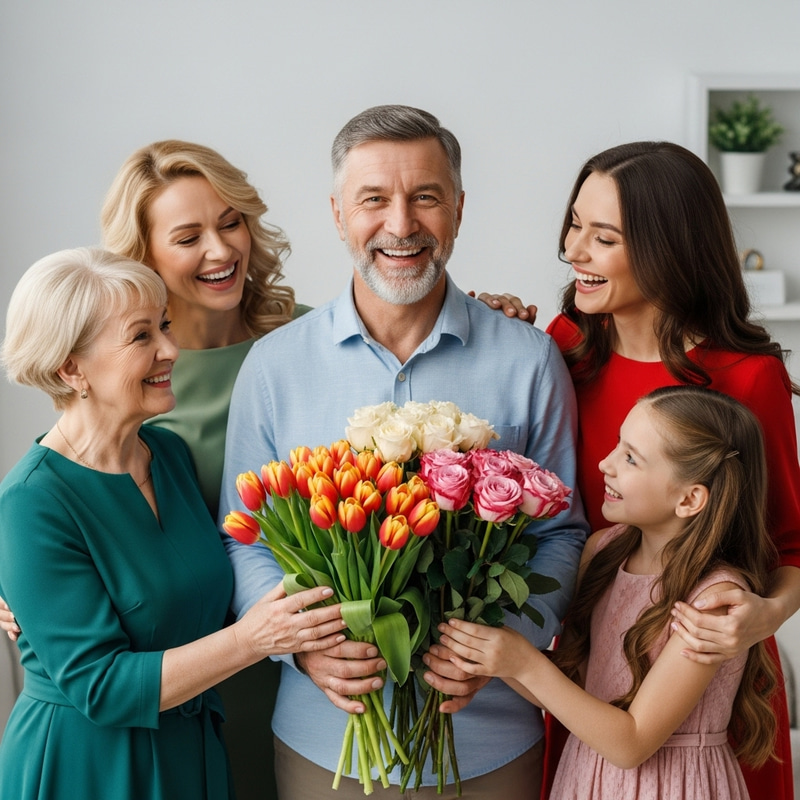 Heartwarming Family Moment with Beautiful Bouquets of Tulips and Roses Heartwarming Family Moment with Beautiful Bouquets of Tulips and Roses
