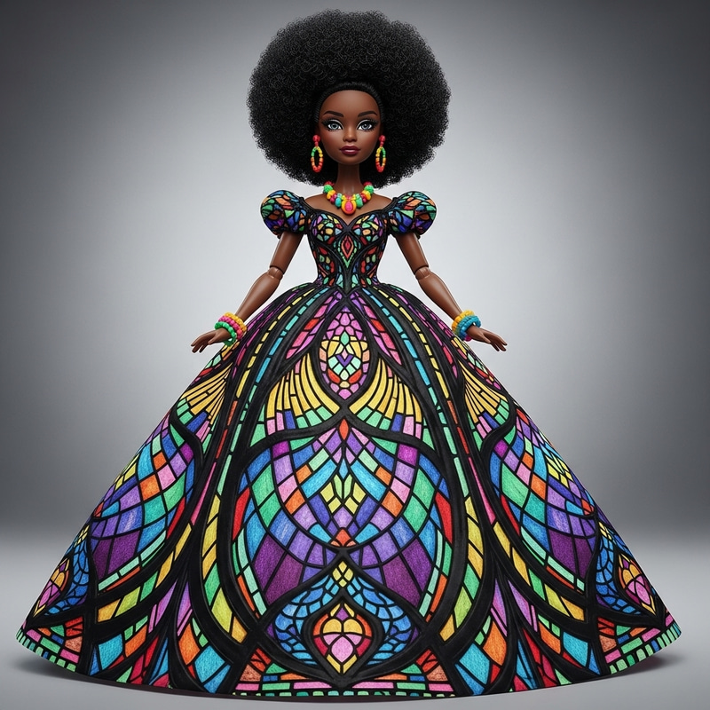 Black Barbie Doll: Afro Ball Gown & Stained Glass Jewelry Black Barbie Doll: Afro Ball Gown & Stained Glass Jewelry
