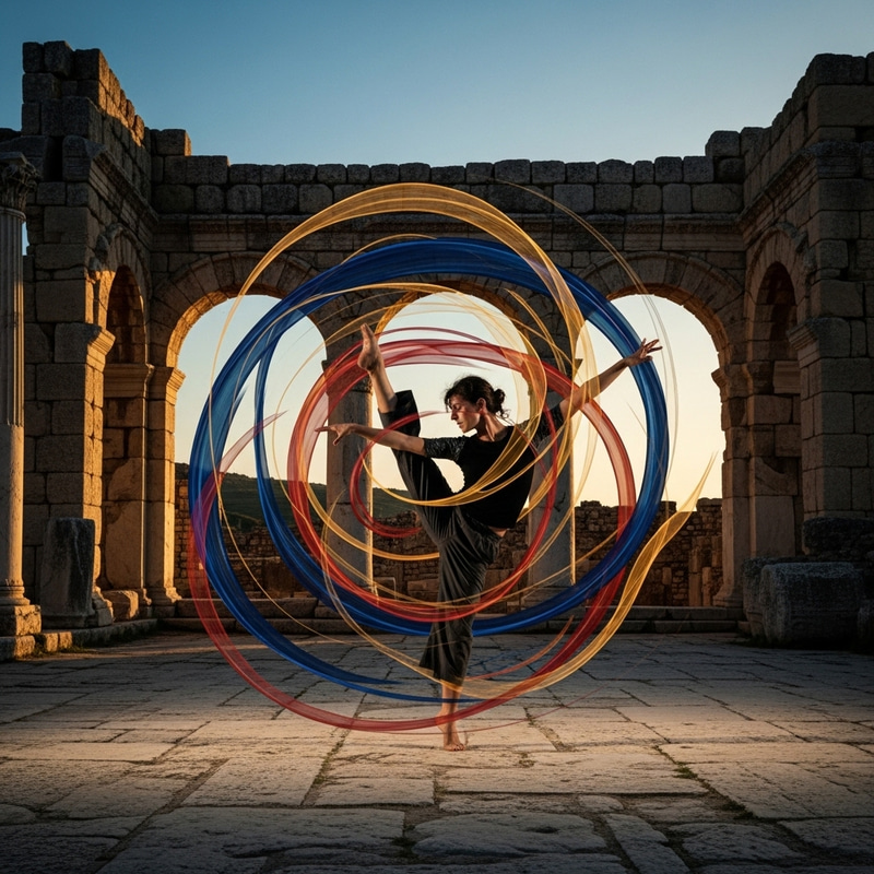 Choreographer Dancing Among Ancient Ruins, Colorful Lines, Ribbons, Contem. Master of Dance Performing at Ancient Structures. Choreographer Dancing Among Ancient Ruins, Colorful Lines, Ribbons, Contem. Master of Dance Performing at Ancient Structures.